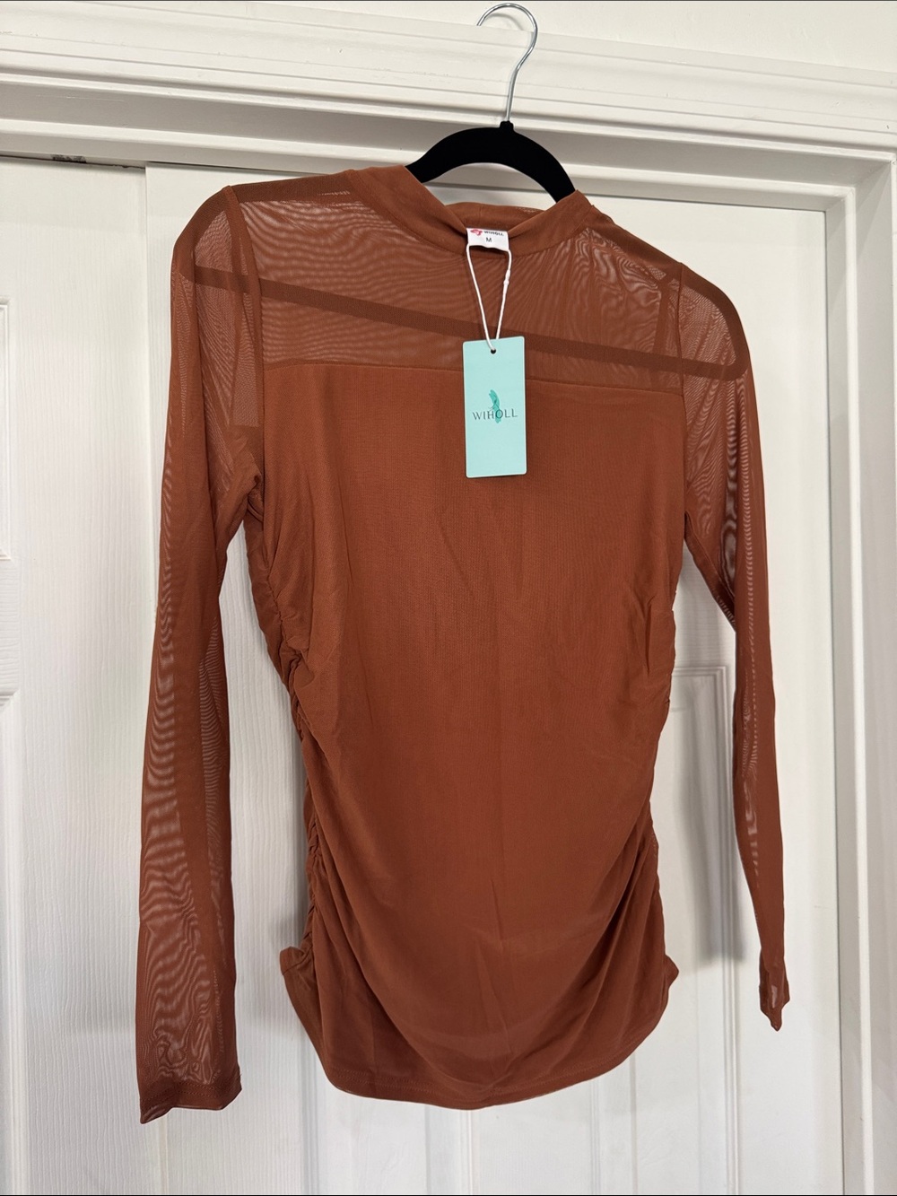 Wilholl Rust Brown Sheer Long-Sleeve Mesh Top